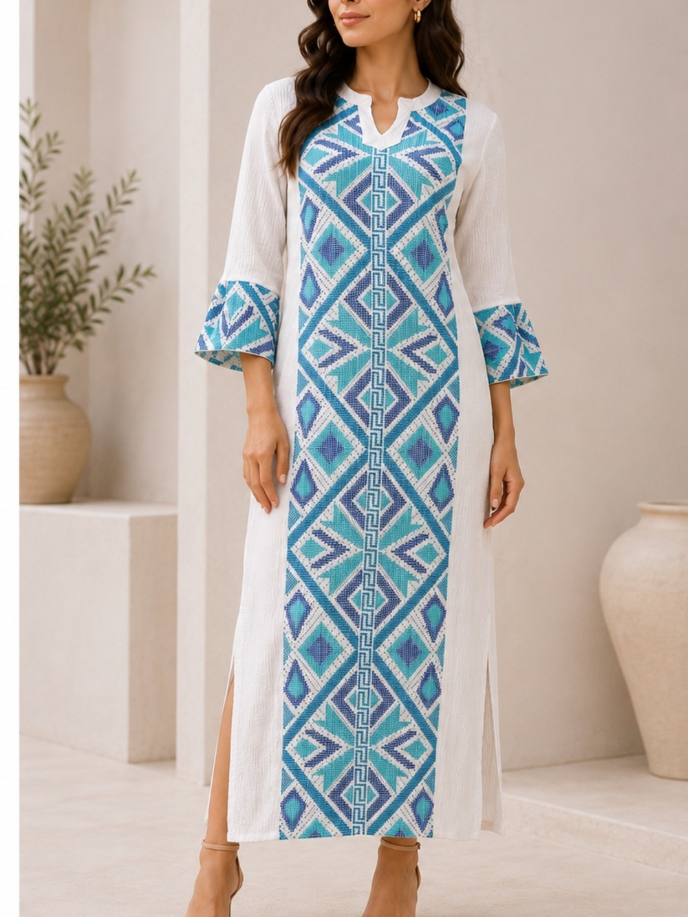 Vintage B.E.T.Y.K 100% cotton gauze embroidered kaftan maxi dress made in Greece